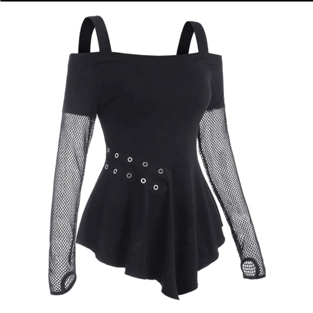 Cold Shoulder Blouse with Grommets. Thumb Holes on Fishnet Long Sleeve’s “Sexy”
